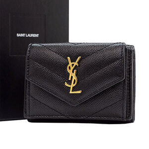 SAINT LAURENT Compact Wallet V Stitch Leather Black YSL